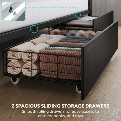 Twin Over Twin Metal Bunk Bed with LED Lights, USB Charging Station, 2 Drawers, Guard Rails & Ladder – No Box Spring Needed,