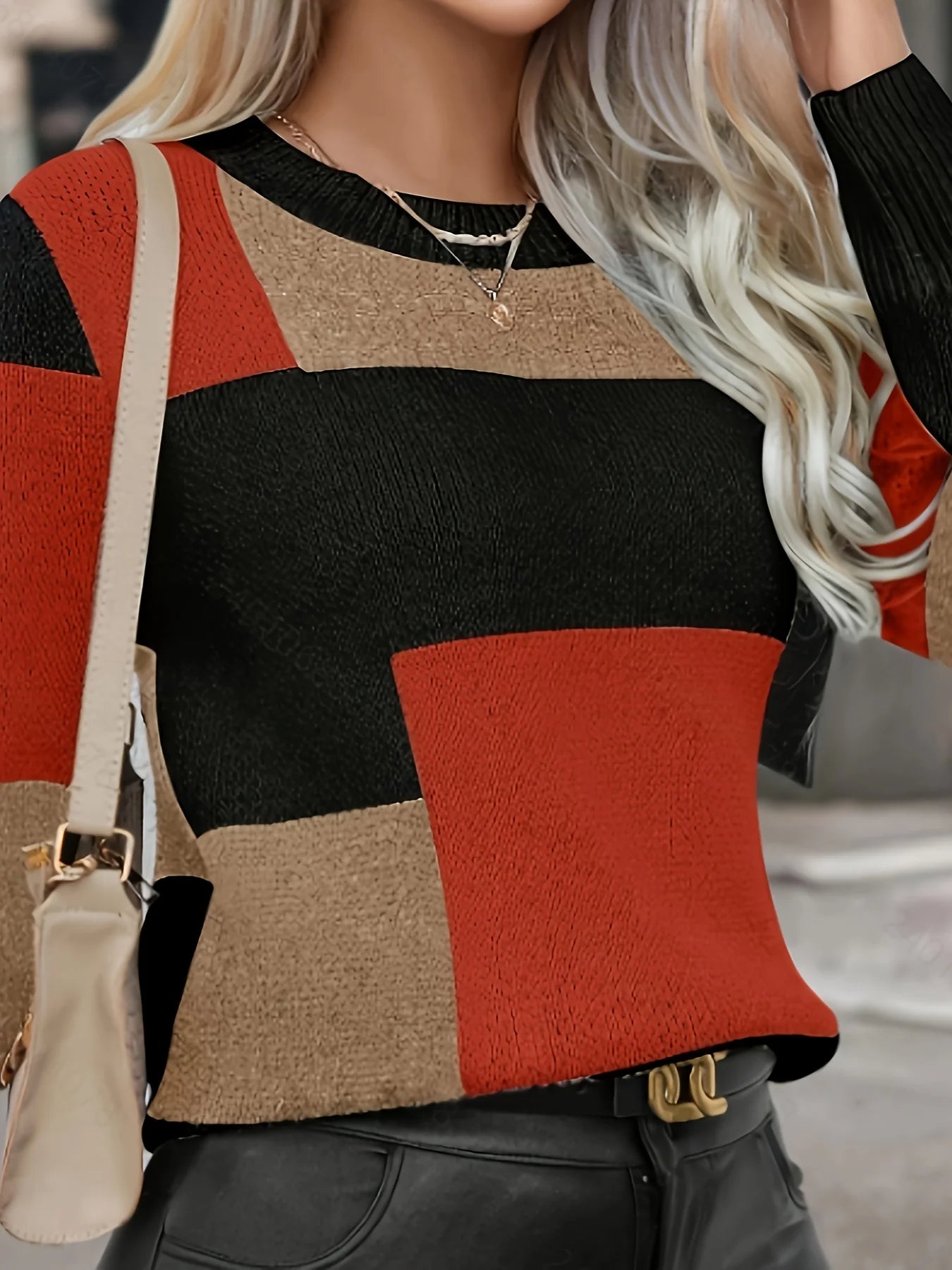 Melard Patchwork Colorful Pullover Knit Sweater Color Block Plaid Sweater LL256