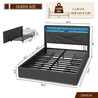 LED Queen Bed Frame with 4 Storage Drawers, Upholstered Bed Frame Queen Size with 2-Tier Headboard and Charging, Customized