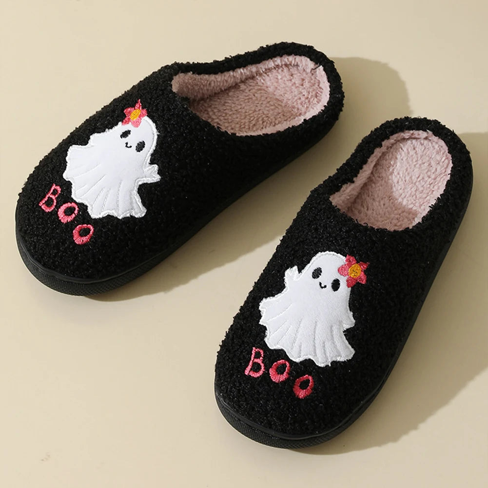 Halloween Ghost Plush Slippers Closed Toe Slippers Anti Slip Warm Slip-on House Shoes Soft Furry Slipper for Men Women