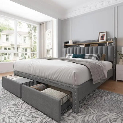 Queen Size Bed Frame, Upholstered Queen Bed Frame with 2 Storage Drawers and 2-Tier Headboard, Vertical Tufted Headboard