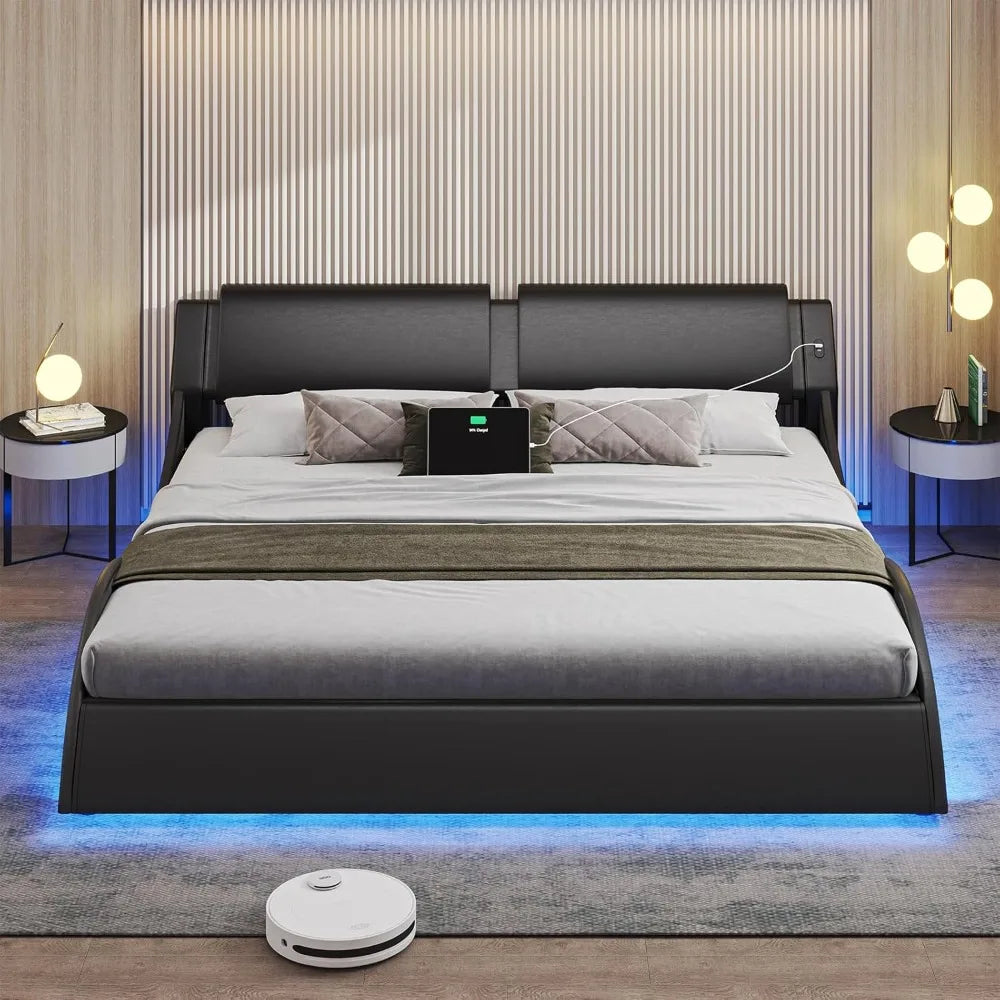Modern King Size LED Bed Frame with USB Charging Ports, Low Profile Platform Bed with RGB Lights and Wood Slats Support, Black
