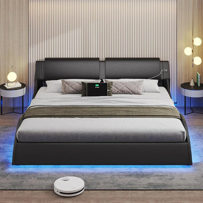 Modern King Size LED Bed Frame with USB Charging Ports, Low Profile Platform Bed with RGB Lights and Wood Slats Support, Black