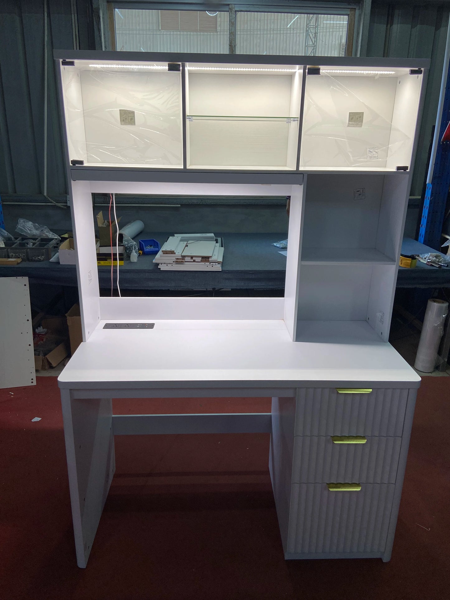 JDPAG LED Study Desk with Hutch & Storage Cabinet, 47" Home Office Desk with Outlet and 3 Color LED，Writing Desk for Bedroom