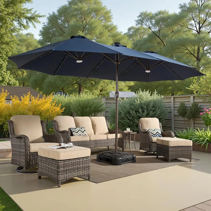 15ft Large Patio Umbrellas with Base & Solar Lights,Outdoor Rectangle Double-Sided Market Umbrella with Stand & 38 LED Lights,Ou
