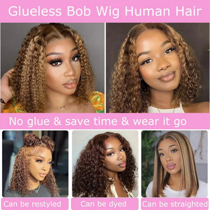 Highlight Ombre Bob Wig Human Hair 100% Curly Short Honey Blonde Colored Glueless Deep Wave Frontal Wig 5X5 Hd Lace Closure Wigs