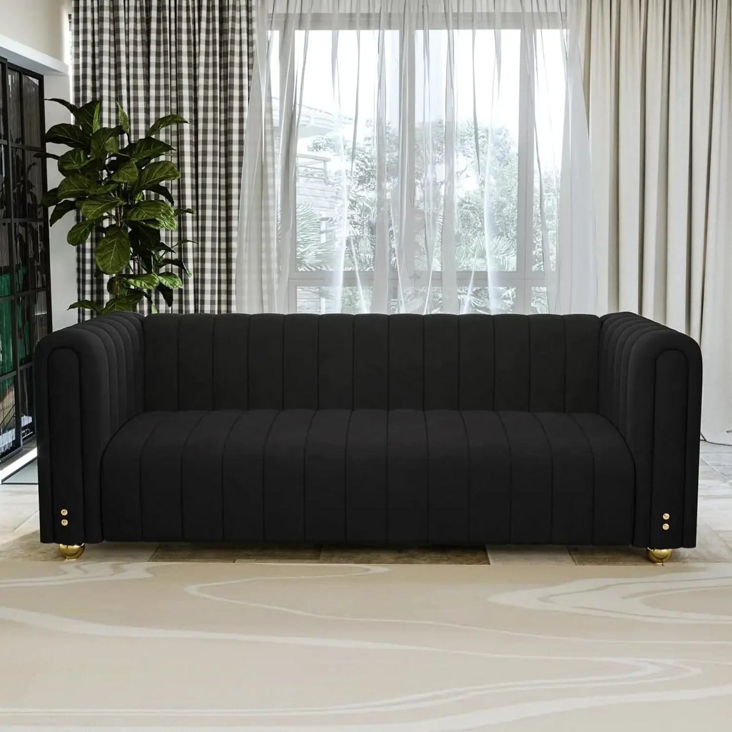 Black Chesterfield Velvet Couch for Living Room,3 Seater Tufted Sofa with Gold Metal Legs, Large Upholstered Comfy, Customized