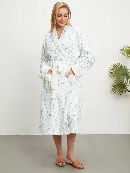 Women Winter Kimono Bathrobe Floral Print Warm Long Sleeve Spa Night Robe with Belt for Soft Pajama Outfit