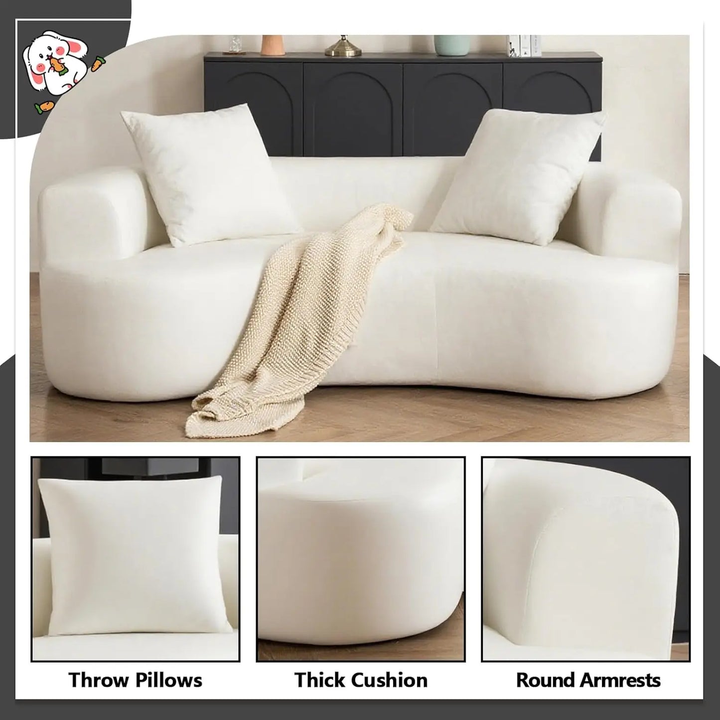 80“ Curved Loveseat for Small Spaces, White Curved Couches for Living room, Compression Sofa in a Box with 2 Pillows,