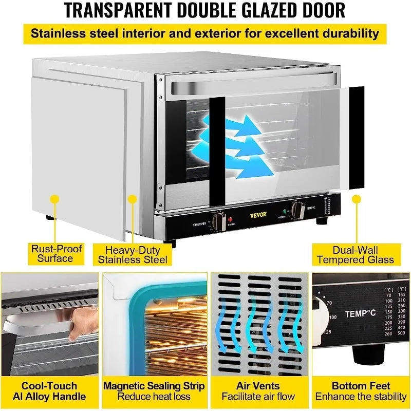 VEVOR Commercial Convection Oven, 66L/60Qt, Half-Size Conventional Oven Countertop, 1800W 4-Tier Toaster w/Front Glass Door