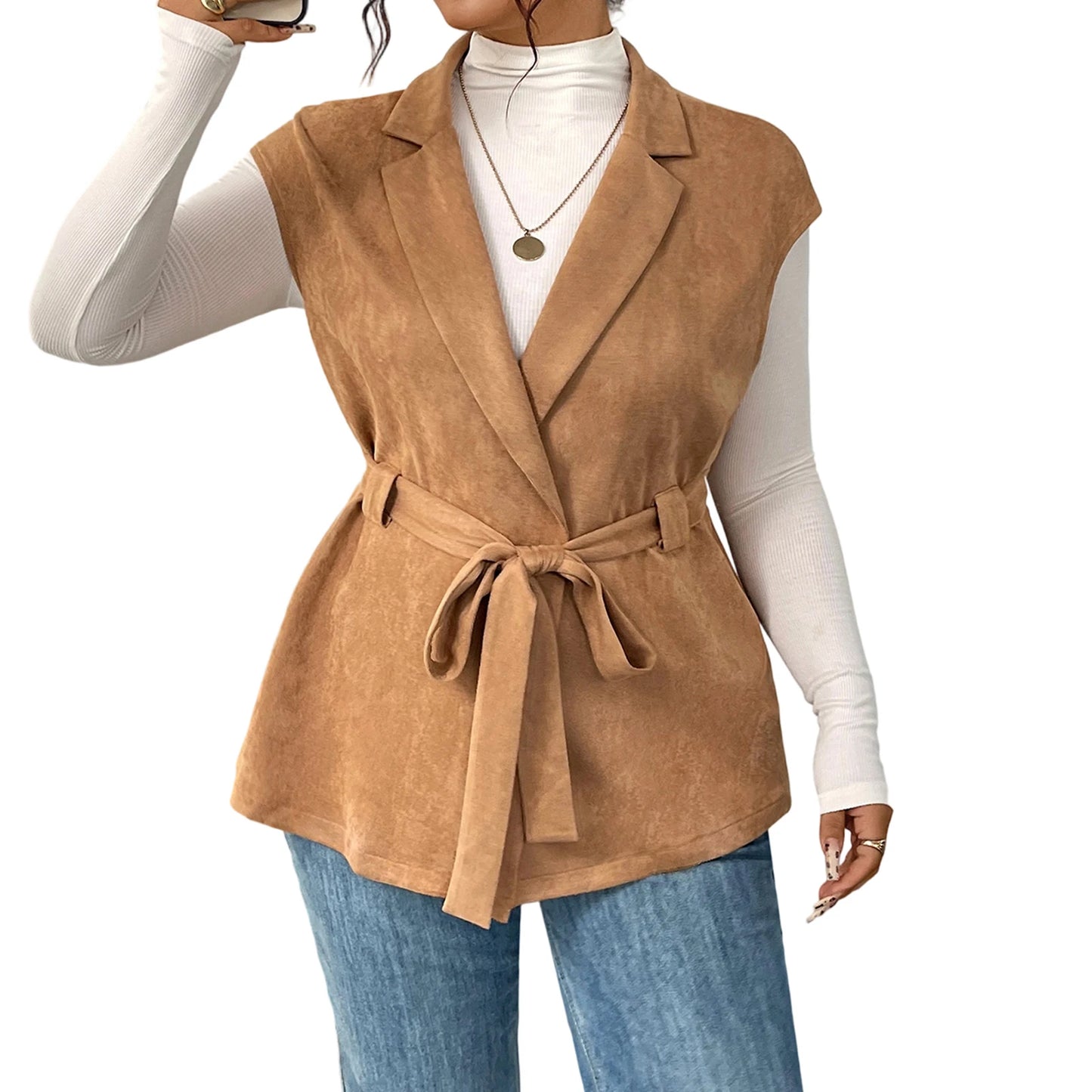 Women Plus Size Sleeveless Vest Autumn Winter Solid Color Lapel Collared Belted Outerwear Work Office Vest with Pockets and