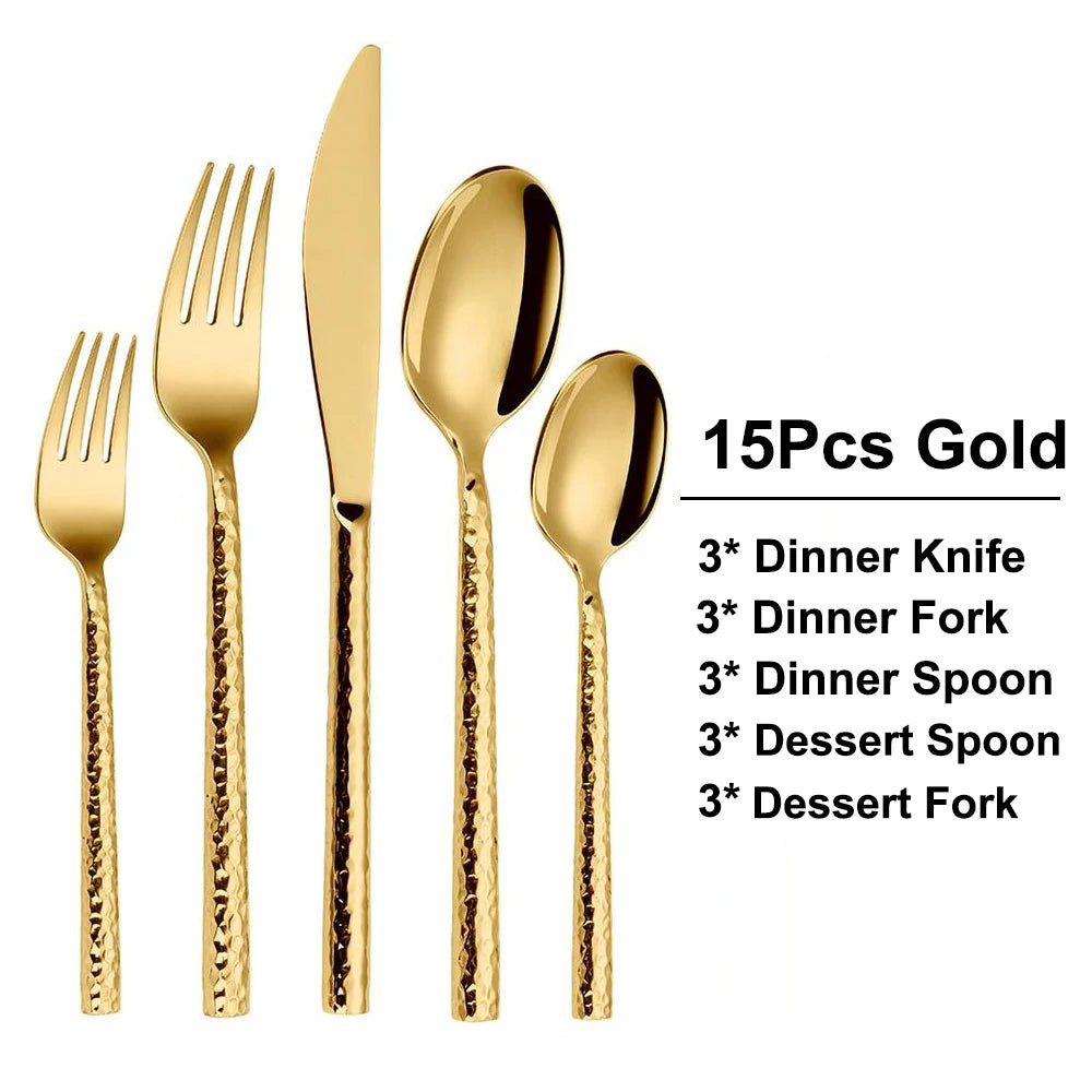 5/10/15/20Pcs Gold Heavy Cutlery Sliver Dinner Set Stainless Steel Tableware Mirror Western Hammer Pattern Handle Knife Fork