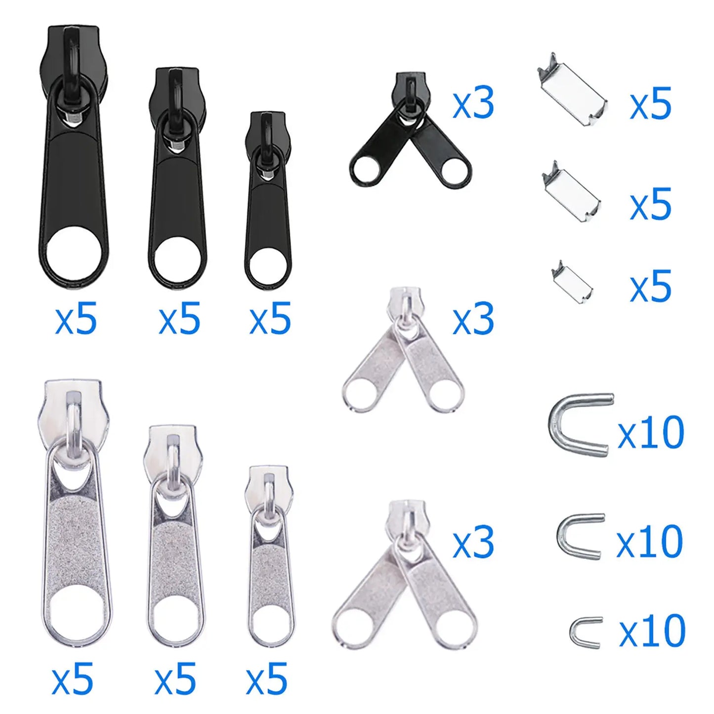 85Pack Metal Zippers Repair Kit Sets Zipper Repair Replacement Kit Easy Fix Zipper Slider Head Puller Accessories Tools