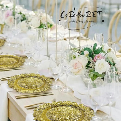 24 Pack Gold Charger Plates Round Plastic Reef Plate Chargers with Flora Reef Design Gold Chargers for Dinner Plates