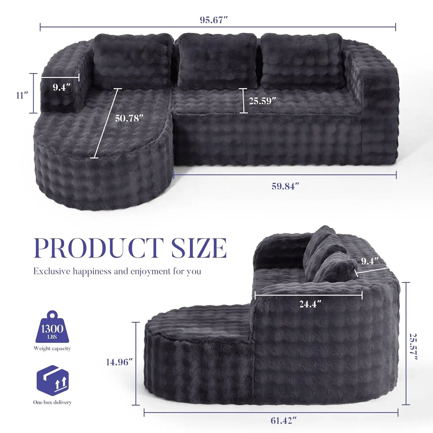 96" Cloud Sectional Couch Modern Boneless Couch 3 Seater with Oversized Chaise L Shaped Modular Sofa Couches for, Customized
