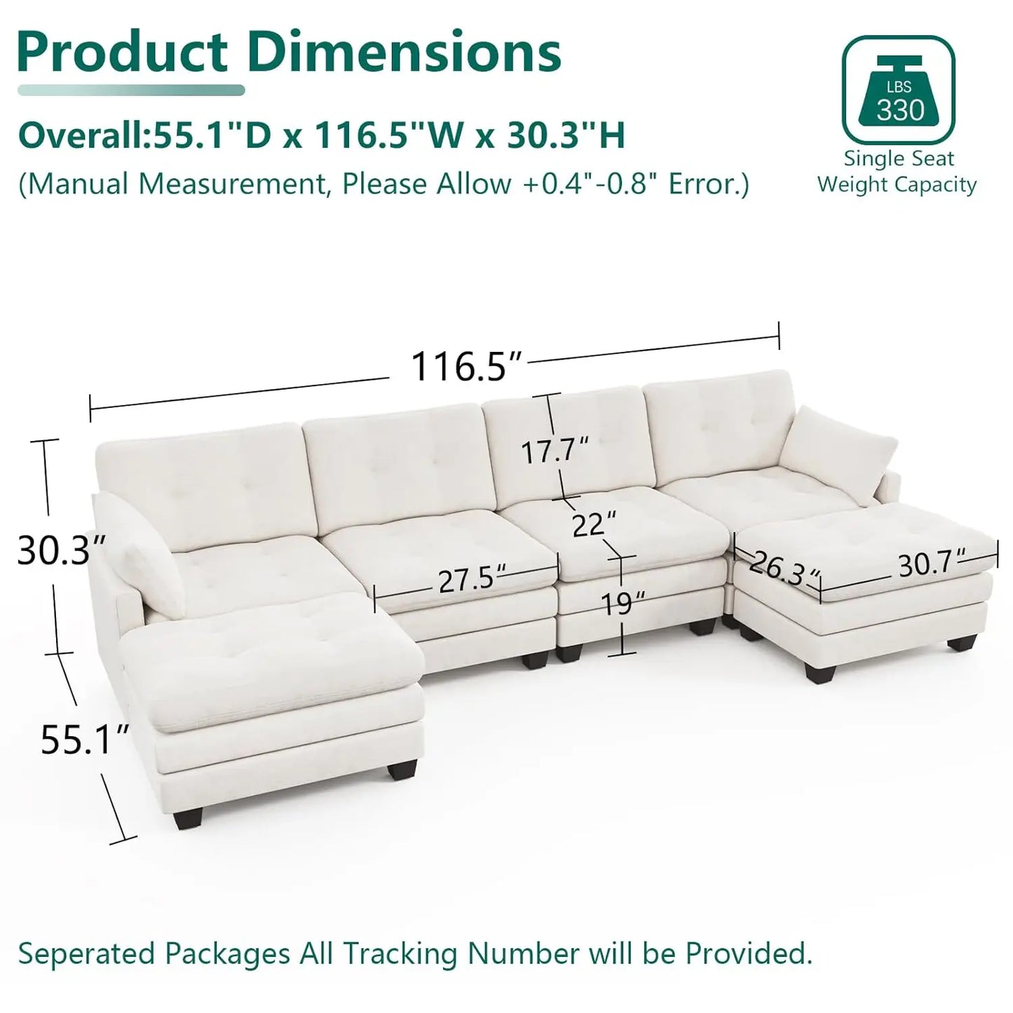 Modular Sectional U Shaped Sofa Couches for Living Room, Cloud Couch with Movable Ottoman, Comfy Chenille Sofa , Customized