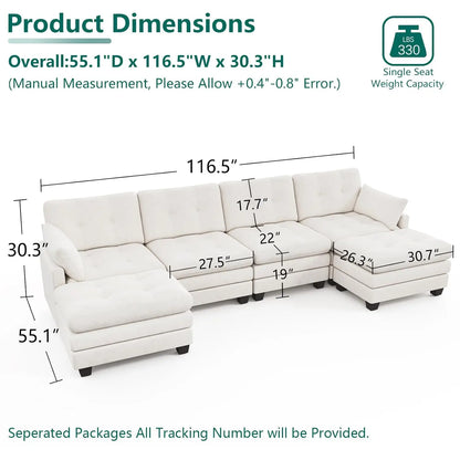 Modular Sectional U Shaped Sofa Couches for Living Room, Cloud Couch with Movable Ottoman, Comfy Chenille Sofa , Customized