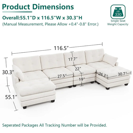 Modular Sectional U Shaped Sofa Couches for Living Room, Cloud Couch with Movable Ottoman, Comfy Chenille Sofa , Customized