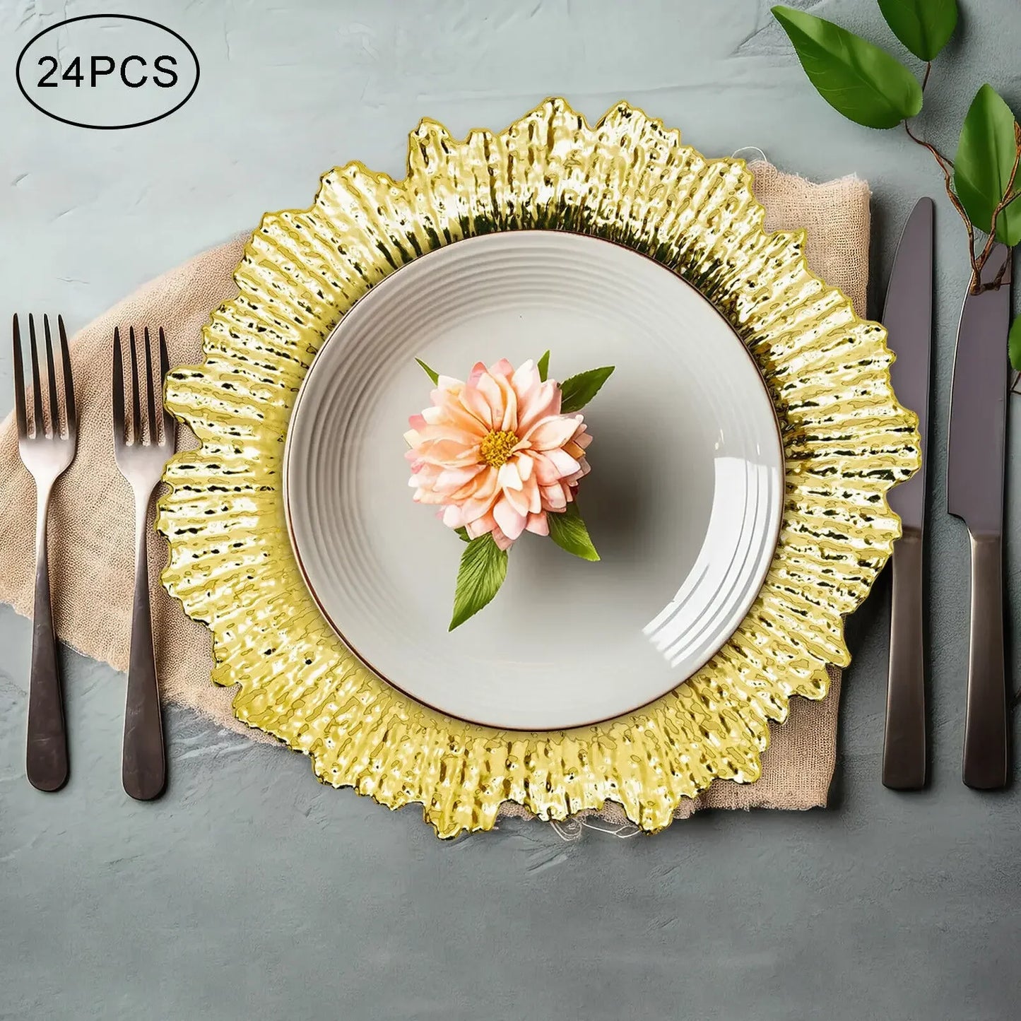 24Pcs Gold Chargers PP Plate Decoratio Table Setting Restaurant Round Salad Reef Plate Pad for Wedding Christmas Dinner Decor