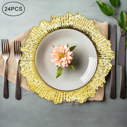 24Pcs Gold Chargers PP Plate Decoratio Table Setting Restaurant Round Salad Reef Plate Pad for Wedding Christmas Dinner Decor