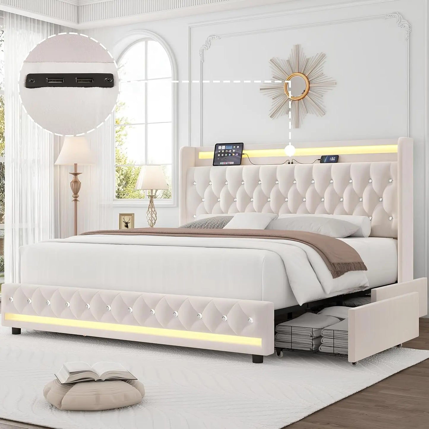 Queen LED Bed Frame with Charging Station and 4 Storage Drawers, Velvet Upholstered Platform Bed with Handcrafted, Customized