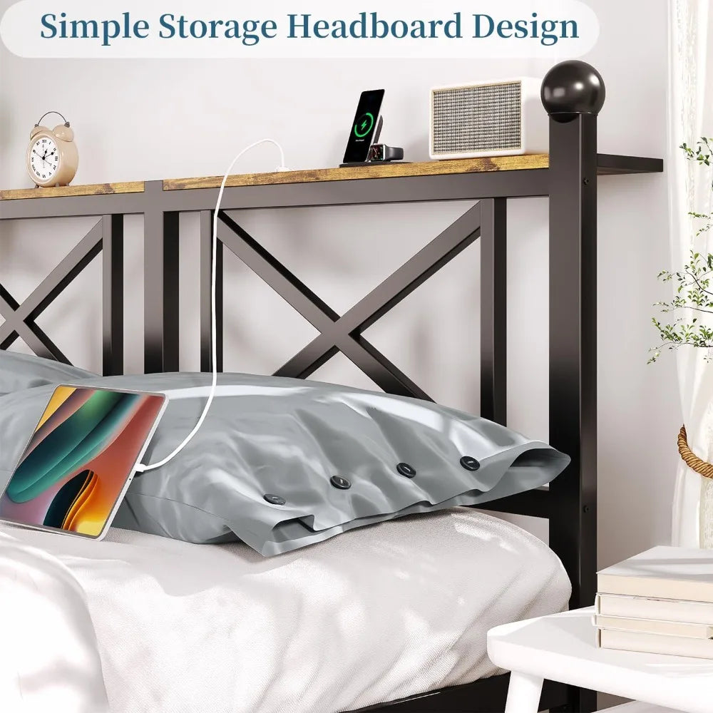 Bed Frame with LED Lights, Heavy Duty Metal Bed with Headboard and Footboard, Storage Shelf with Charging Station