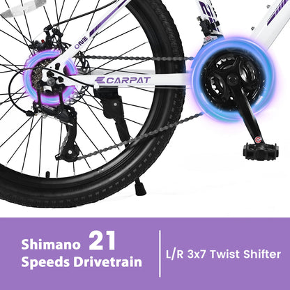 Ecarpat Mountain Bike 24 26 Inch Wheels, 21-Speed Disc Brake, Female Bicycles, 15" Steel Frame Front Fork Suspension