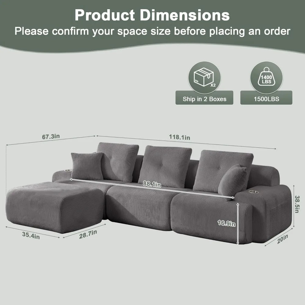 118" Cloud Couch Sectional,Boneless Couches for Living Room,Chenille Memory Foam Couch,Modular Sectional Sofa with, Customized