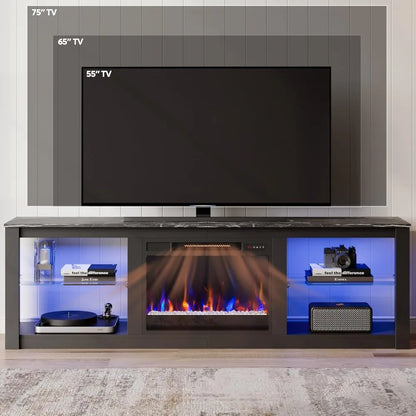 Fireplace TV Stand for 75 inch TV with 23 inch Electric Fireplace, 70 inch Entertainment Center for Living Room with LED Light