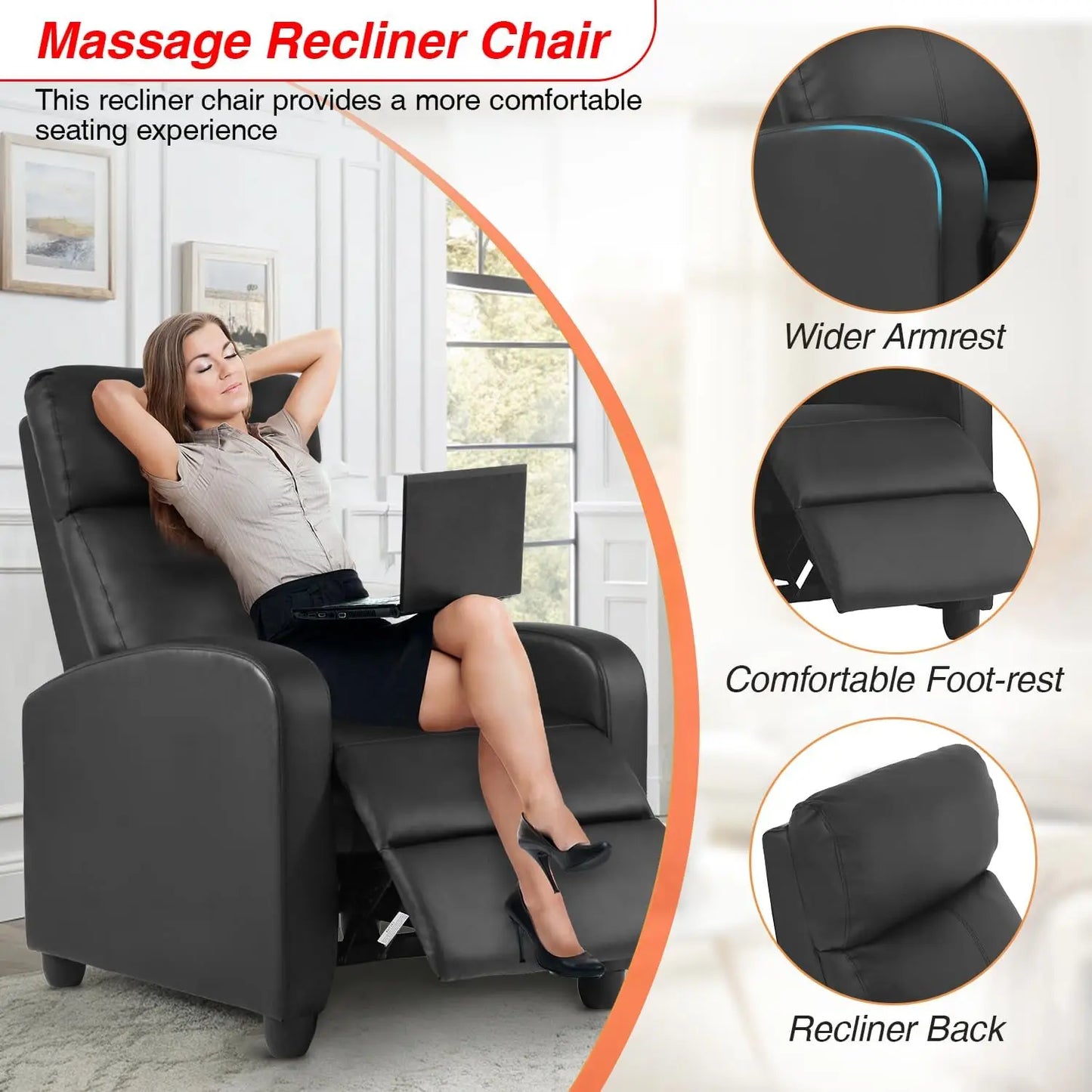 Massage Recliner Sofa with Lumbar Support and Adjustable Backrest for Living Room or Bedroom in Black Leather
