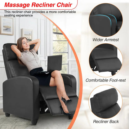 Massage Recliner Sofa with Lumbar Support and Adjustable Backrest for Living Room or Bedroom in Black Leather