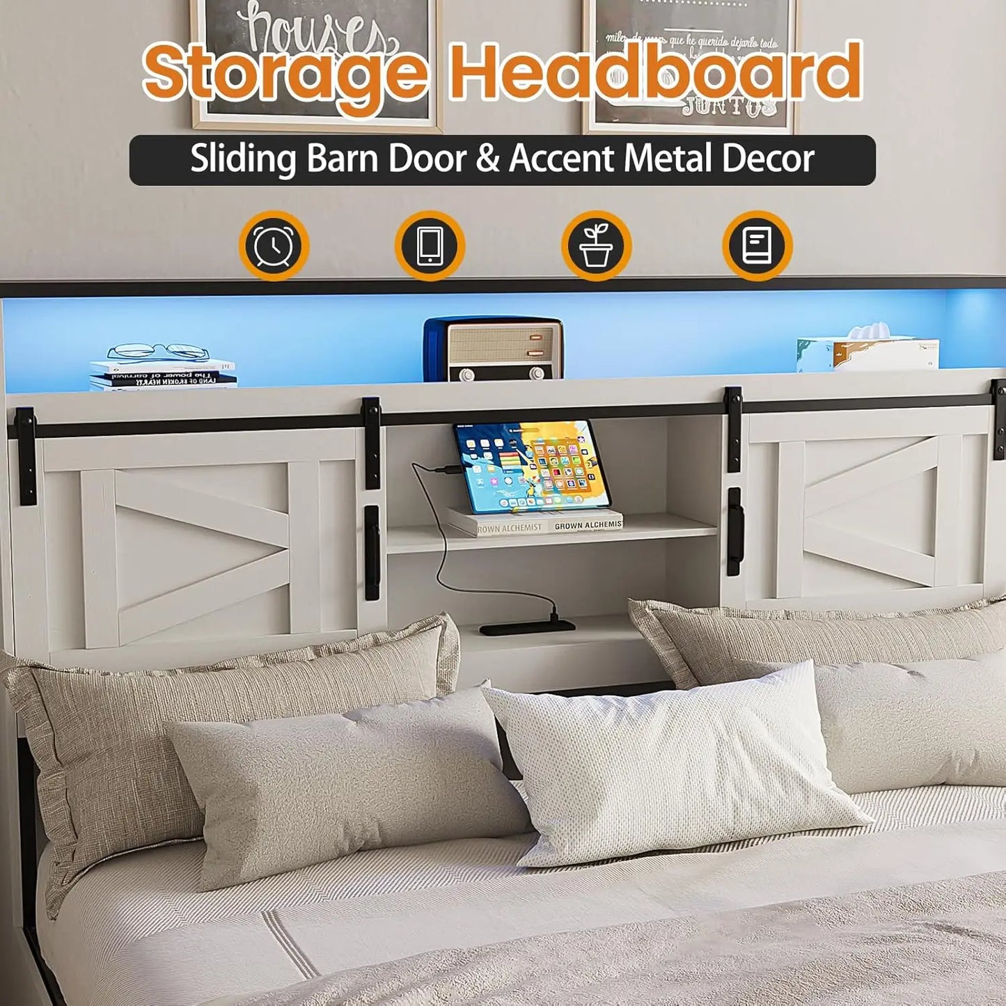 Farmhouse Queen Size Bed Frame with Headboard and Storage Ottoman, Sliding Barn Door & 4 Drawers, LED Lights and, Customized