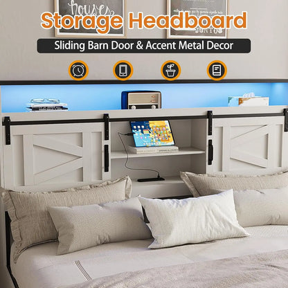 Farmhouse Queen Size Bed Frame with Headboard and Storage Ottoman, Sliding Barn Door & 4 Drawers, LED Lights and, Customized