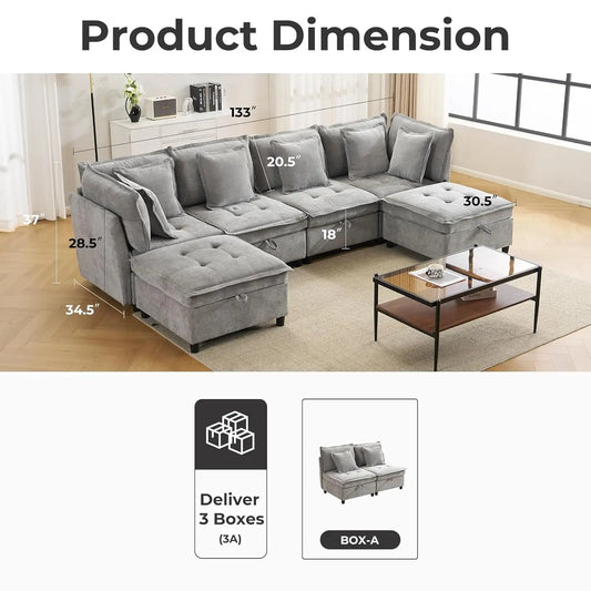 133' U-Shaped Modern Sofa Oversized L-Shaped Sectional Cloud Couch with 2 Ottomans Customizable Home Theater Seating Group