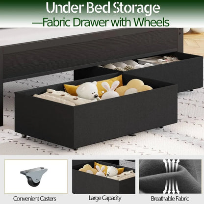 Bed Frame with Charging Station and LED Lights, Grey Upholstered Headboard with Shelves, Metal Platform Bed, Customized