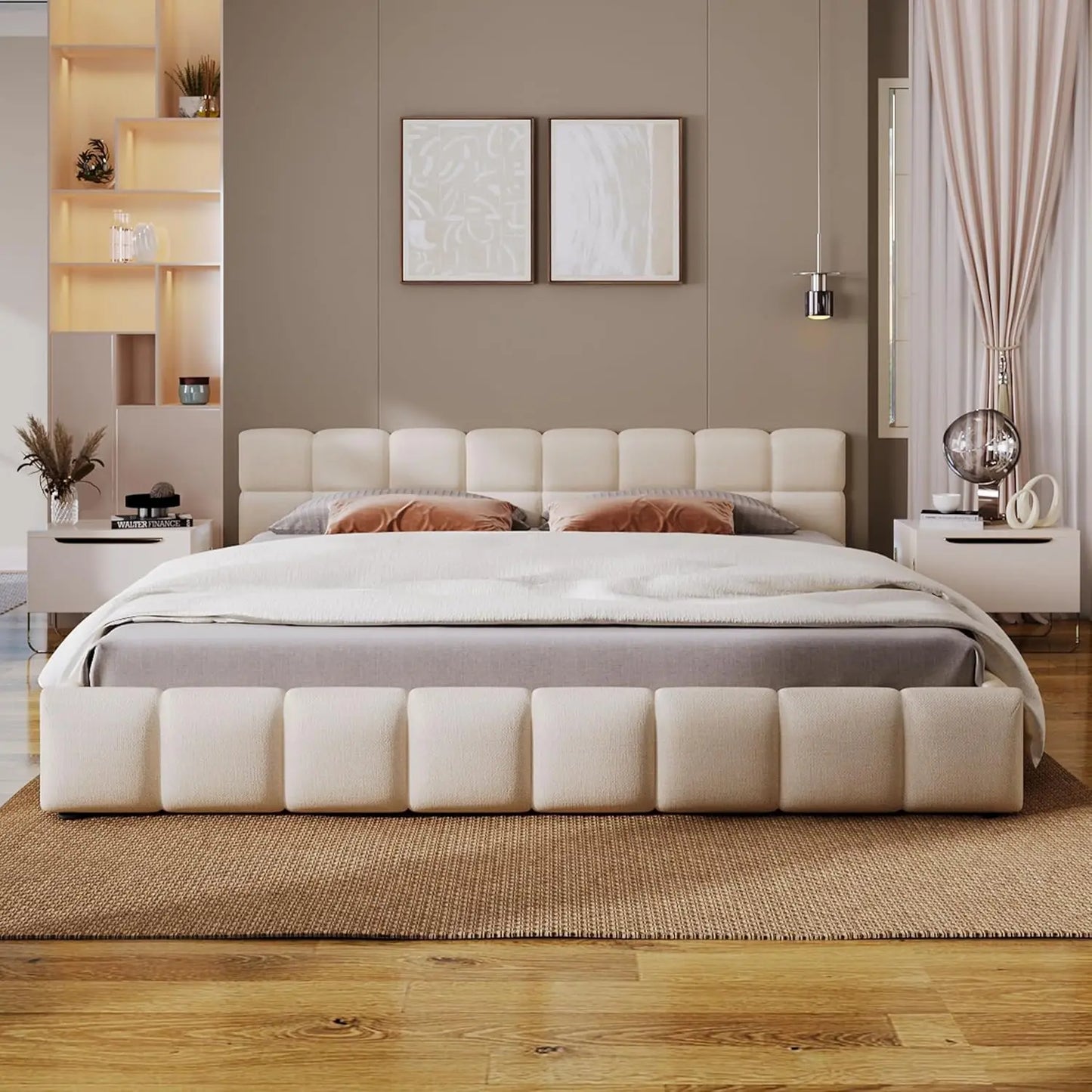 Queen Size Platform Bed, Boucle Thick Headboard and Footboard, Upholstery Grounded Beds, Block Style Grounded Beds Frame
