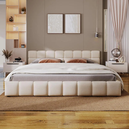 Queen Size Platform Bed, Boucle Thick Headboard and Footboard, Upholstery Grounded Beds, Block Style Grounded Beds Frame