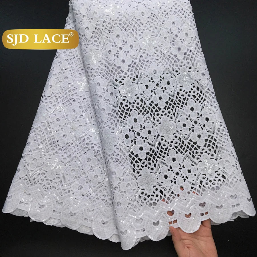 SJD LACE African Sequins Guipure Cord Lace Fabrics 5 Yards White 2025 New Nigerian Water Soluble Lace For Women Dresses Sew 4197