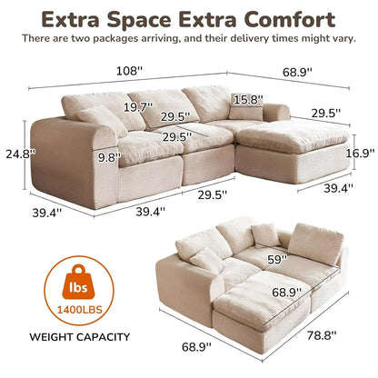 108" Boneless Cloud Sectional Couch for Small Living Room – L-Shape Modular Sofa with Ottoman, Deep Seat, Corduroy,, Customized
