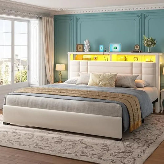 NEW King Size Bed Frame with 2-Tier Storage Headboard,King Bed Frame with Metal Slats, Noise Free, Beige