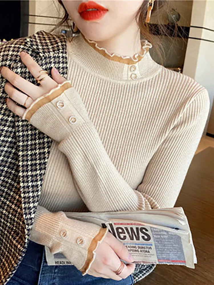 2025 Knitted Women Sweater O-neck Button Pullovers Spring Autumn Basic Sweaters for Female Pullover Slim Solid Bold Lace Tops