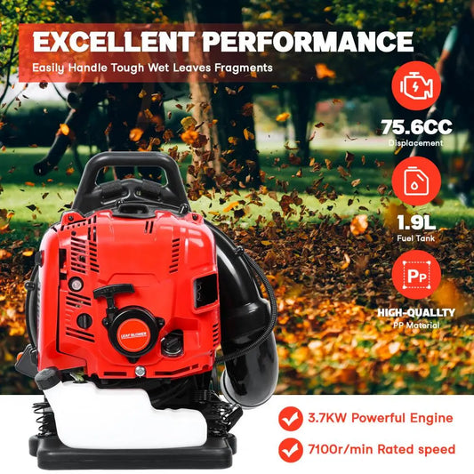 Leaf Blower, 75.6CC 4-Stroke Backpack Gas Leaf Blower, Snow Blower, Up to 900 CFM and 210 MPH, Variable Speed, Cruise Control