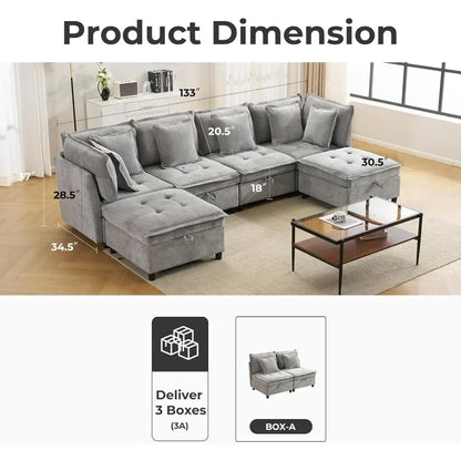 133" U-Shaped Modern Sofa,Modular Sectional Cloud Couch with 2 Ottoman, Oversized Modular Sectional Sofa with Storage Customized