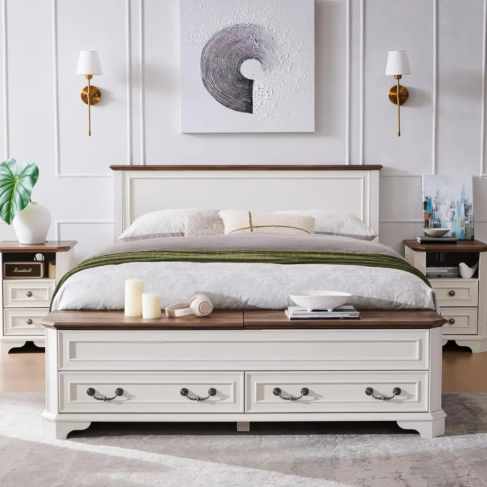 Farmhouse Queen Bed with Headboard and Storage Bench, Rustic Wood Platform Bed with 64" Storage Chest w/ 4 Large,Customized