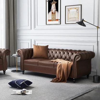 Chesterfield Leather Sofa 3 Seater Couch, Mid-Century Large Sofa Roll Arm Classic Tufted Settee Modern PU Sofa with Channel Tuf