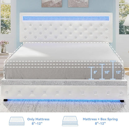 Queen LED Bed Frame With 2 Drawers, PU Upholstered Platform Beds With Adjustable Storage Headboard, Crystal Button