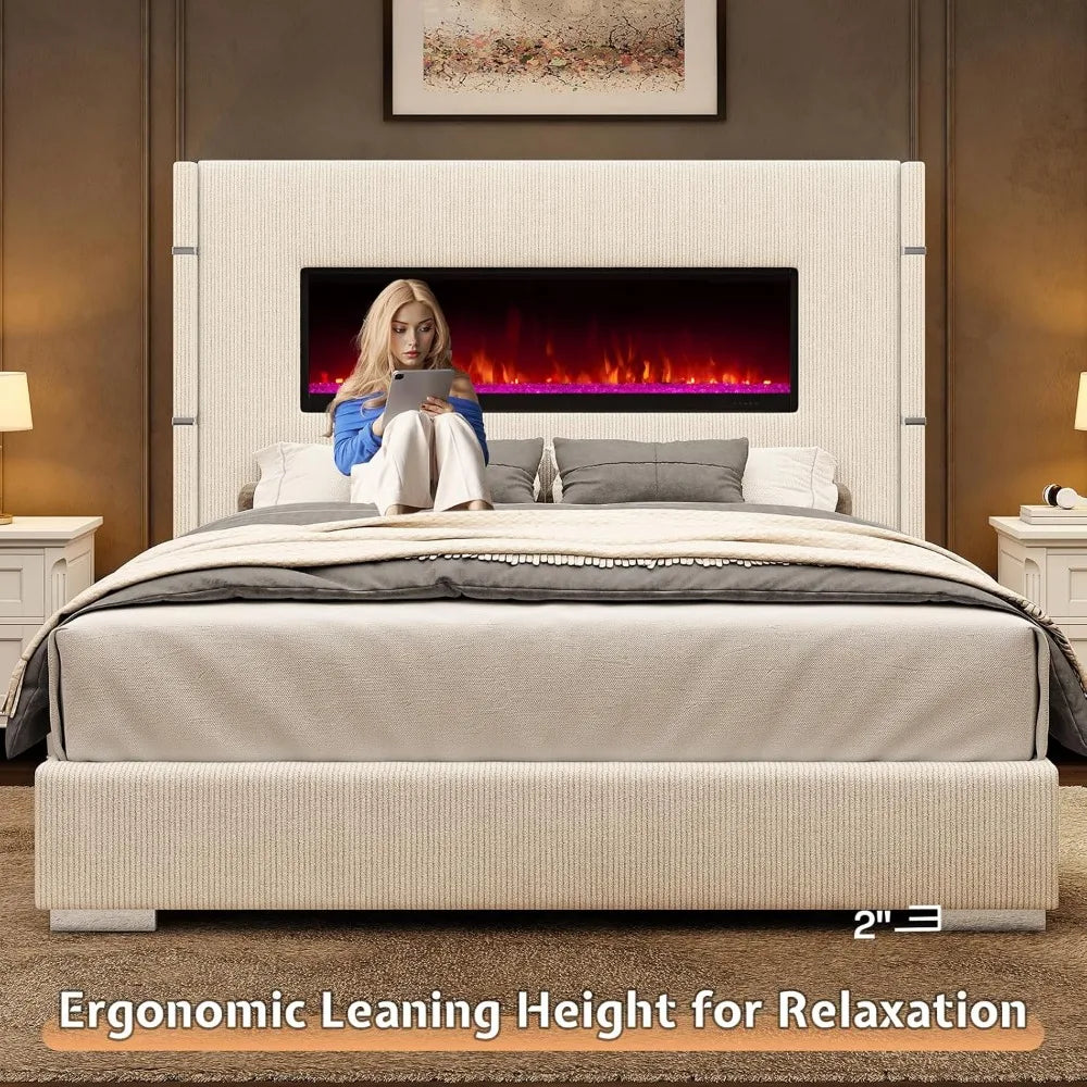 60.4 Queen Size Upholstered Bed Frame with Heat-Free Fireplace, Luxury Corduroy Platform Bed with Extra Tall Wingback Headboard,