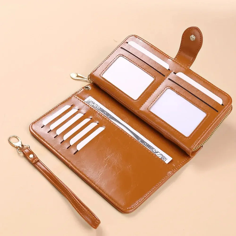 Women's Vintage Oil Wax PU Leather Clutch Wallet Female Large Capacity Phone Purse Ladies Wristband Simple Card Holder Pouch Bag