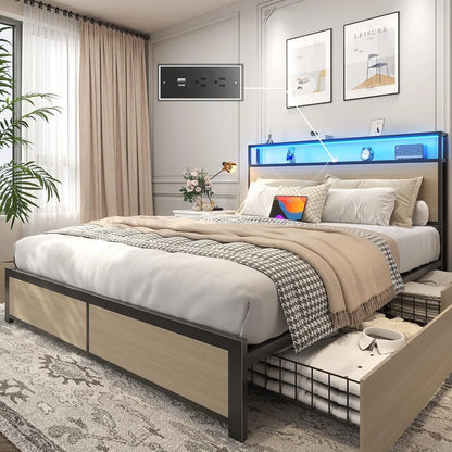 Queen Bed Frame with 2-Tier Storage Headboard, Metal Platform Bed Frame with 4 Storage Drawers, Built in Charging, Customized