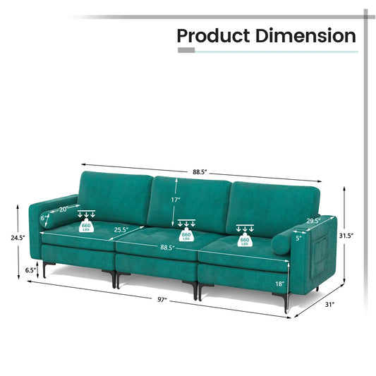3-Seat Modular Sofa Couch w/ Side Storage Pocket Peacock & Socket USB Ports Teal